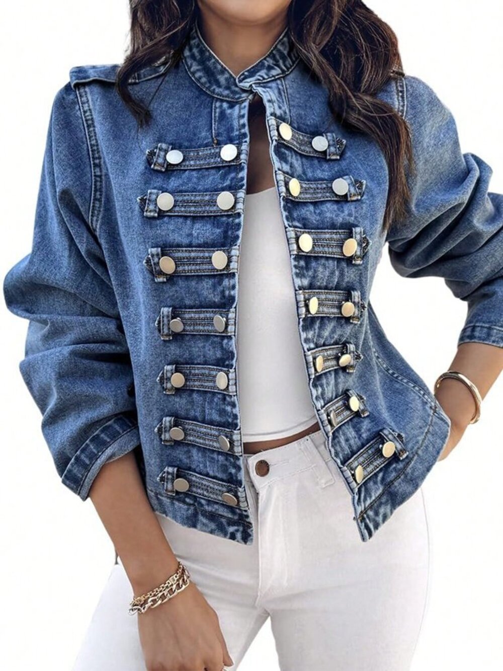 Blue Casual Women's Short Denim Jacket with Double-Breasted Front - Picture 3 of 7